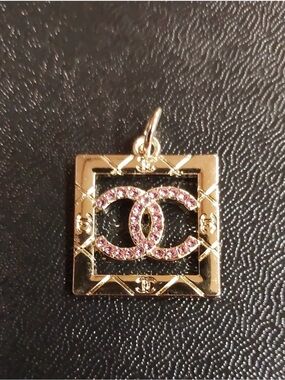 CC Chanel Gold Square Pendant with Pink Crystal CC Logo